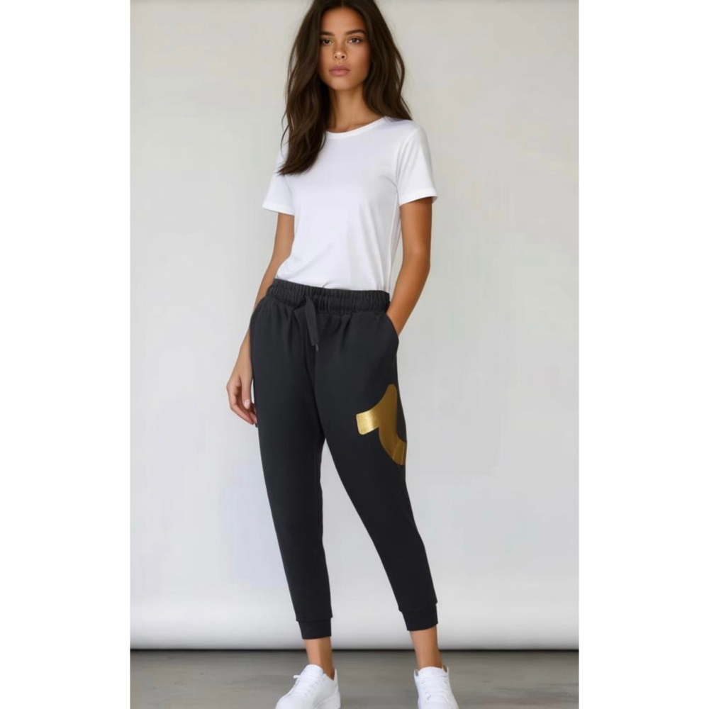 True Religion Woman's Joggers Sm Black Gold Loungewear‎ Elastic Drawstring Waist